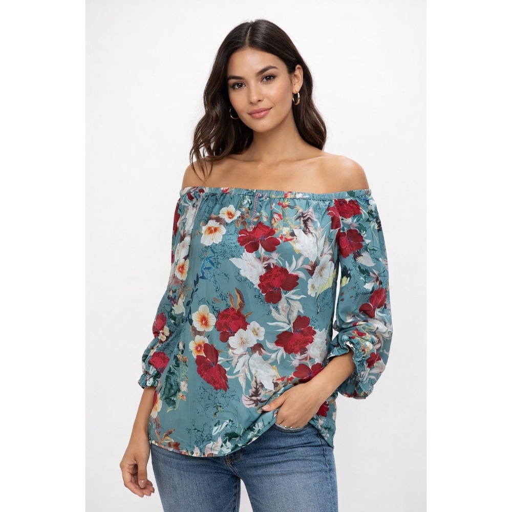 Hayden LA Teal Floral Off‑Shoulder Blouse‎ Size Medium Boho Peasant Top